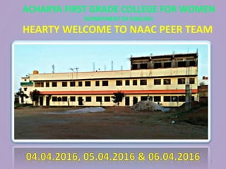 1
ACHARYA FIRST GRADE COLLEGE FOR WOMEN
DEPARTMENT OF ENGLISH
HEARTY WELCOME TO NAAC PEER TEAM
 