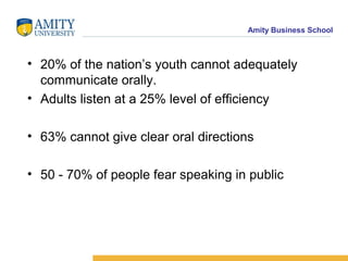 Amity Business School
• 20% of the nation’s youth cannot adequately
communicate orally.
• Adults listen at a 25% level of efficiency
• 63% cannot give clear oral directions
• 50 - 70% of people fear speaking in public
 
