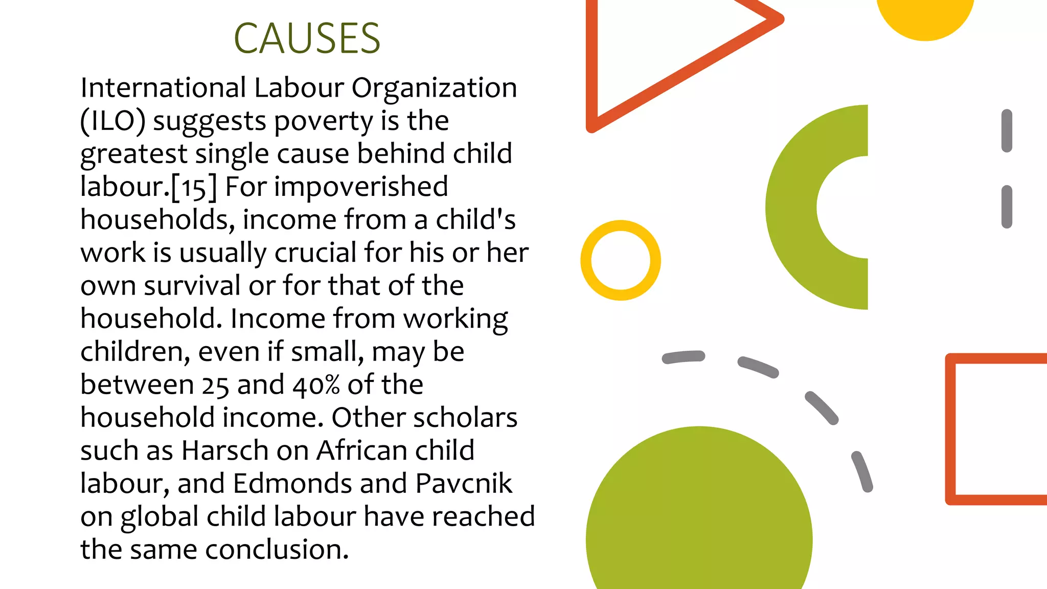 CAUSES
International Labour Organization
(ILO) suggests poverty is the
greatest single cause behind child
labour.[15] For impoverished
households, income from a child's
work is usually crucial for his or her
own survival or for that of the
household. Income from working
children, even if small, may be
between 25 and 40% of the
household income. Other scholars
such as Harsch on African child
labour, and Edmonds and Pavcnik
on global child labour have reached
the same conclusion.
 