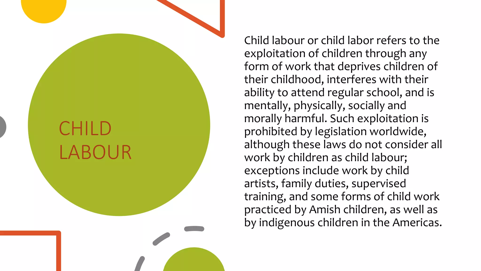 CHILD
LABOUR
Child labour or child labor refers to the
exploitation of children through any
form of work that deprives children of
their childhood, interferes with their
ability to attend regular school, and is
mentally, physically, socially and
morally harmful. Such exploitation is
prohibited by legislation worldwide,
although these laws do not consider all
work by children as child labour;
exceptions include work by child
artists, family duties, supervised
training, and some forms of child work
practiced by Amish children, as well as
by indigenous children in the Americas.
 