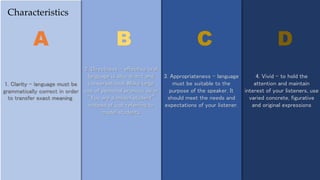 4. Vivid – to hold the
attention and maintain
interest of your listeners, use
varied concrete, figurative
and original expressions
3. Appropriateness – language
must be suitable to the
purpose of the speaker. It
should meet the needs and
expectations of your listener.
2. Directness – effective oral
language is also direct and
conversational. Make large
use of personal pronoun as in
“You are a model student”
instead of just referring to
model students
1. Clarity – language must be
grammatically correct in order
to transfer exact meaning.
Characteristics
A B C D
 