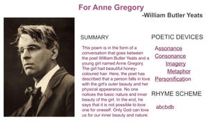 For Anne Gregory
-William Butler Yeats
POETIC DEVICES
SUMMARY
RHYME SCHEME
Assonance
Consonance
Imagery
Metaphor
Personification
abcbdb
This poem is in the form of a
conversation that goes between
the poet William Butler Yeats and a
young girl named Anne Gregory.
The girl had beautiful honey-
coloured hair. Here, the poet has
described that a person falls in love
with the girl’s outer beauty and her
physical appearance. No one
notices the basic nature and inner
beauty of the girl. In the end, he
says that it is not possible to love
one for oneself. Only God can love
us for our inner beauty and nature.
 