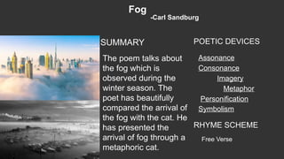 Fog
-Carl Sandburg
POETIC DEVICES
RHYME SCHEME
SUMMARY
Assonance
Consonance
Imagery
Metaphor
Personification
Symbolism
Free Verse
The poem talks about
the fog which is
observed during the
winter season. The
poet has beautifully
compared the arrival of
the fog with the cat. He
has presented the
arrival of fog through a
metaphoric cat.
 