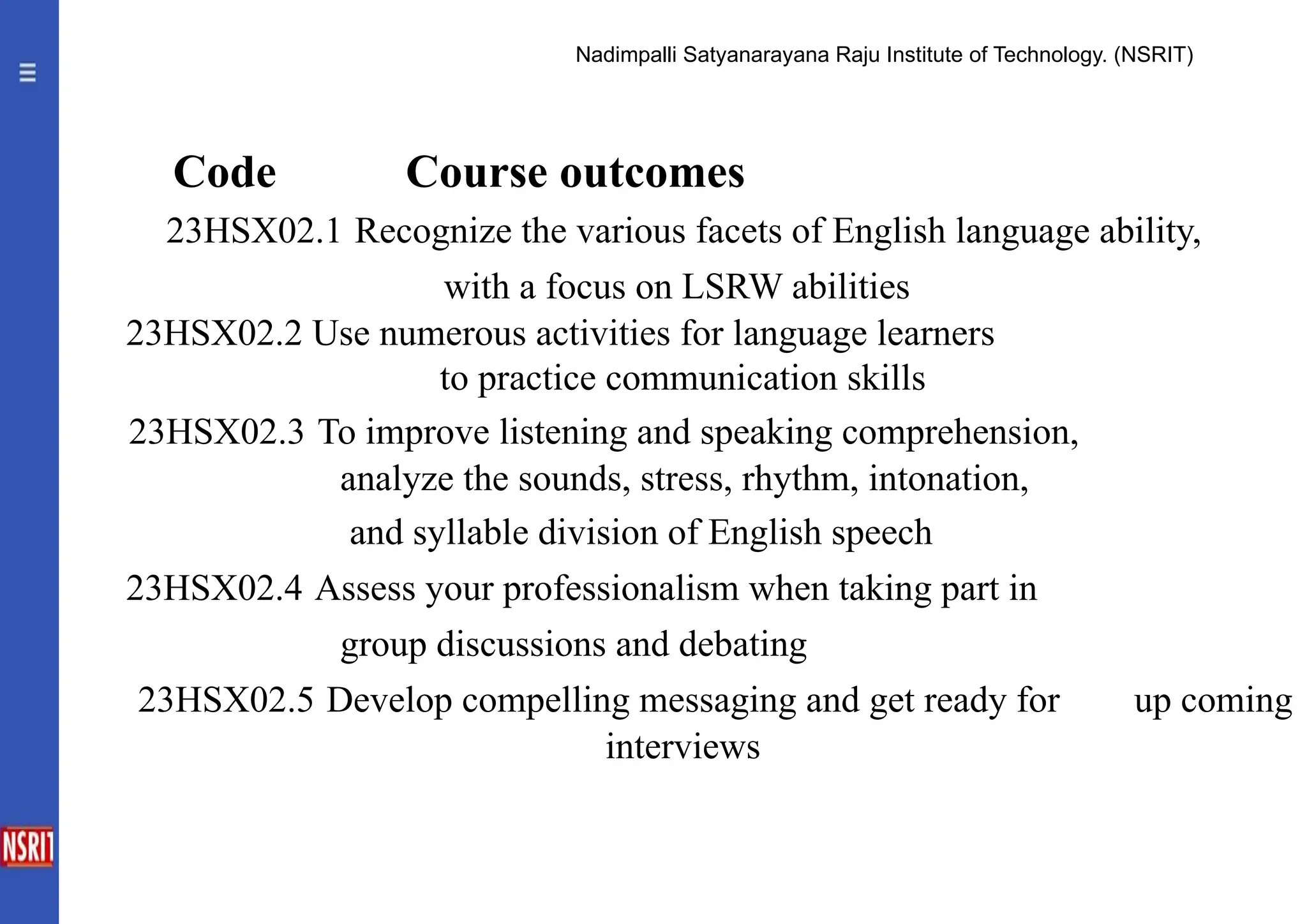 Code Course outcomes
23HSX02.1 Recognize the various facets of English language ability,
with a focus on LSRW abilities
23HSX02.2 Use numerous activities for language learners
to practice communication skills
23HSX02.3 To improve listening and speaking comprehension,
analyze the sounds, stress, rhythm, intonation,
and syllable division of English speech
23HSX02.4 Assess your professionalism when taking part in
group discussions and debating
23HSX02.5 Develop compelling messaging and get ready for up coming
interviews
Nadimpalli Satyanarayana Raju Institute of Technology. (NSRIT)
 
