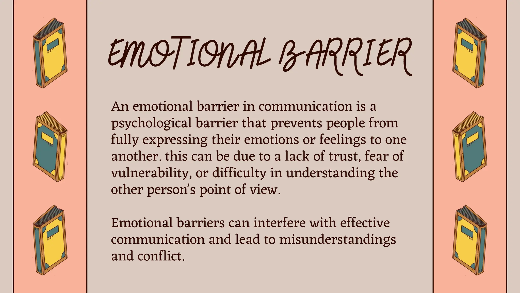 An emotional barrier in communication is a
psychological barrier that prevents people from
fully expressing their emotions or feelings to one
another. this can be due to a lack of trust, fear of
vulnerability, or difficulty in understanding the
other person's point of view.
Emotional barriers can interfere with effective
communication and lead to misunderstandings
and conflict.
 