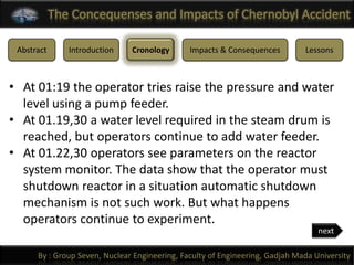 The Concequenses and Impacts of Chernobyl Accident

 Abstract      Introduction    Cronology       Impacts & Consequences         Lessons



• At 01:19 the operator tries raise the pressure and water
  level using a pump feeder.
• At 01.19,30 a water level required in the steam drum is
  reached, but operators continue to add water feeder.
• At 01.22,30 operators see parameters on the reactor
  system monitor. The data show that the operator must
  shutdown reactor in a situation automatic shutdown
  mechanism is not such work. But what happens
  operators continue to experiment.
                                                                                  next

      By : Group Seven, Nuclear Engineering, Faculty of Engineering, Gadjah Mada University
 