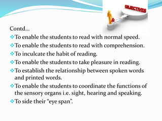 Contd…
To enable the students to read with normal speed.
To enable the students to read with comprehension.
To inculcate the habit of reading.
To enable the students to take pleasure in reading.
To establish the relationship between spoken words
and printed words.
To enable the students to coordinate the functions of
the sensory organs i.e. sight, hearing and speaking.
To side their “eye span”.
 