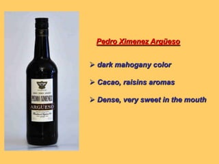 OXIDATIVE INFLUENCIE IN THE WINEAlcohol consumptionVolatile acidityGlycerinFenolsSuperior alcoholsNO YEAST/ NO “FLOR”ENVIROMENTAL CONDITIONHumidity			-	70 - 80 %Temperature		-	Max. 35º CAlc. Content                  -	Max. 21 % vol.Nutrients      		-	No necesariosOxygen		-	“Corrida de Clases”AGEING