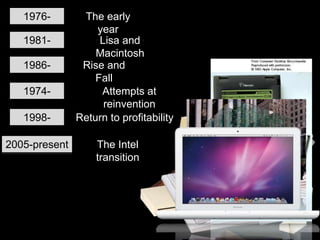 1976-
1980
1981-
1985
1986-
1993
1974-
1997
1998-
2005
2005-present
The early
year
Lisa and
Macintosh
Rise and
Fall
Attempts at
reinvention
Return to profitability
The Intel
transition
 