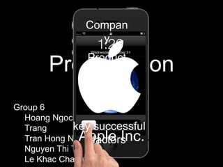 English
Presentation
Group 6
Hoang Ngoc Huyen
Trang
Tran Hong Ngoc
Nguyen Thi Thu Thao
Le Khac Chau Long
Apple Inc.
Compan
y
Product
s
iPhone’s
success
key successful
factors
 