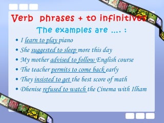 The examples are …. : I  learn to play  piano She  suggested to sleep  more this day My mother  advised to follow  English course The teacher  permits to come back  early They  insisted to get  the best score of math Dhenise  refused to watch  the Cinema with Ilham Verb  phrases + to infinitives 