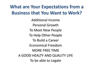 What are Your Expectations from a
Business that You Want to Work?
Additional Income
Personal Growth
To Meet New People
To Help Other People
To Build a Career
Economical Freedom
MORE FREE TIME
A GOOD HEALTY AND QUALITY LIFE
To be able to Legate

 