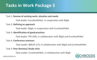 WWW.CHRODIS.EU
Tasks in Work Package 5
Task 1: Review of existing work, situation and needs
Task-leader: EuroHealthNet, in cooperation with BZgA
Task 2: Defining an approach
Task-leader: BZgA, in cooperation with EuroHealthNet
Task 3: Identification of good practices
Task-leader: YPE (GR), in collaboration with BZgA and EuroHealthNet
Task 4: Conference seminars
Task-Leader: SMLPC (LT), in collaboration with BZgA and EuroHealthNet
Task 5: Peer Reviews/ Study visits
Task-Leader: EuroHealthNet, in collaboration with BZgA
 