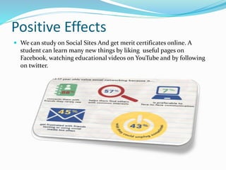 Positive Effects
 We can study on Social Sites And get merit certificates online. A
student can learn many new things by liking useful pages on
Facebook, watching educational videos on YouTube and by following
on twitter.
 