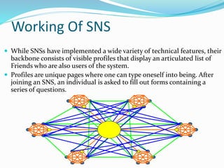 Working Of SNS
 While SNSs have implemented a wide variety of technical features, their
backbone consists of visible profiles that display an articulated list of
Friends who are also users of the system.
 Profiles are unique pages where one can type oneself into being. After
joining an SNS, an individual is asked to fill out forms containing a
series of questions.
 
