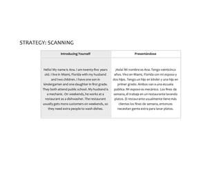 STRATEGY: SCANNING
Introducing Yourself Presentándose
Hello! My name is Ana. I am twenty-five years
old. I live in Miami, Florida with my husband
and two children. I have one son in
kindergarten and one daughter in first grade.
They both attend public school. My husband is
a mechanic. On weekends, he works at a
restaurant as a dishwasher. The restaurant
usually gets more customers on weekends, so
they need extra people to wash dishes.
¡Hola! Mi nombre es Ana. Tengo veinticinco
años. Vivo en Miami, Florida con mi esposo y
dos hijos. Tengo un hijo en kínder y una hija en
primer grado. Ambos van a una escuela
pública. Mi esposo es mecánico. Los fines de
semana, él trabaja en un restaurante lavando
platos. El restaurante usualmente tiene más
clientes los fines de semana, entonces
necesitan gente extra para lavar platos.
 