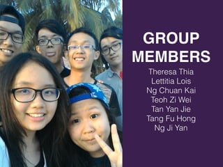 GROUP
MEMBERS
Theresa Thia
Lettitia Lois
Ng Chuan Kai
Teoh Zi Wei
Tan Yan Jie
Tang Fu Hong
Ng Ji Yan
 