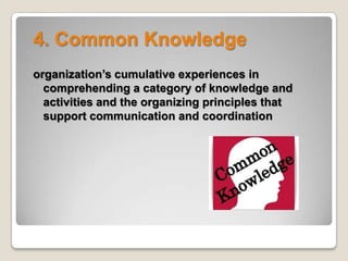 4. Common Knowledge
organization’s cumulative experiences in
comprehending a category of knowledge and
activities and the organizing principles that
support communication and coordination
 