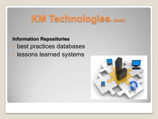 KM Technologies- cont.
Information Repositories
• best practices databases
• lessons learned systems
 