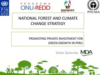 NATIONAL FOREST AND CLIMATE
CHANGE STRATEGY
PROMOTING PRIVATE INVESTMENT FOR
GREEN GROWTH IN PERU
Víctor Galarreta
 