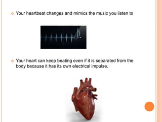 Your heartbeat changes and mimics the music you listen to
 Your heart can keep beating even if it is separated from the
body because it has its own electrical impulse.
 