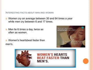 INTERESTING FACTS ABOUT MAN AND WOMAN
 Women cry on average between 30 and 64 times a year
while men cry between 6 and 17 times.
 Men lie 6 times a day, twice as
often as women.
 Women's heartsbeat faster than
men's.
 