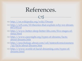 
 http://en.wikipedia.org/wiki/Dream
 http://io9.com/10-theories-that-explain-why-we-dream-
897195110
 http://www.better-sleep-better-life.com/five-stages-of-
sleep.html
 http://www.easynight.org/types-of-dreams/facts-
about-dreams.htm
 http://psychology.about.com/od/statesofconsciousness
/tp/facts-about-dreams.htm
 http://www.world-of-lucid-dreaming.com/types-of-
dreams.html
References.
 
