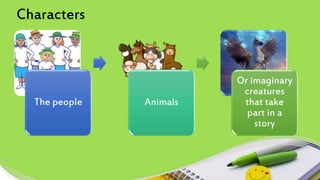 Characters
The people Animals
Or imaginary
creatures
that take
part in a
story
 