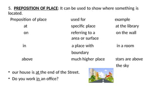 5. PREPOSITION OF PLACE: It can be used to show where something is
located.
Preposition of place used for example
at specific place at the library
on referring to a
area or surface
on the wall
in a place with in a room
boundary
much higher place
above stars are above
the sky
• our house is at the end of the Street.
• Do you work in an office?
 
