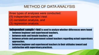 METHOD OF DATA ANALYSIS 
three types of analyses were conducted: 
(1) independent sample t-test 
(2) correlation analysis, and 
(3) regression analysis. 
Independent sample t-test is used to analyze whether differences were found 
- between beginner and experienced teachers, 
- between male and female teachers, and 
- between private and government school teachers regarding actual supervisory 
approaches. 
- between beginner and experienced teachers in their attitudes toward and 
satisfaction with supervisory practices. 
 