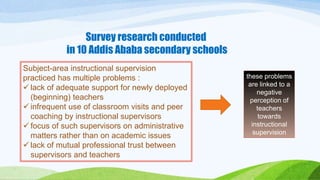 Survey research conducted 
in 10 Addis Ababa secondary schools 
Subject-area instructional supervision 
practiced has multiple problems : 
 lack of adequate support for newly deployed 
(beginning) teachers 
 infrequent use of classroom visits and peer 
coaching by instructional supervisors 
 focus of such supervisors on administrative 
matters rather than on academic issues 
 lack of mutual professional trust between 
supervisors and teachers 
these problems 
are linked to a 
negative 
perception of 
teachers 
towards 
instructional 
supervision 
 