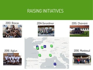 RAISING INITIATIVES
2013 Brocas
2016 Montreuil2016 Aiglun
2015 Chéméré
https://umap.openstreetmap.fr/
2014 Gerardmer
 