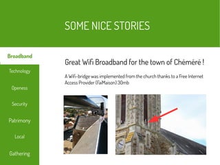 SOME NICE STORIES
Local
Technology
Security
Openess
Patrimony
Broadband
Gathering
Great Wifi Broadband for the town of Chéméré !
A Wifi-bridge was implemented from the church thanks to a Free Internet
Access Provider (FaiMaison) 30mb
 