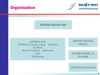 Organisation

SOFREN GROUP SAS

SOFREN SAS
SOFREN connecting energy

SERPRO

St Cloud
Aix en Provence - Gémenos
Lyon
Cherbourg

SERPRO RUSSIE
Moscou

SOFREN BENELUX
Bruxelles

SOFREN International
7

 