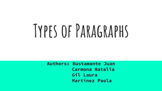 Types of Paragraphs
Authors: Bustamante Juan
Carmona Natalia
Gil Laura
Martínez Paola
 