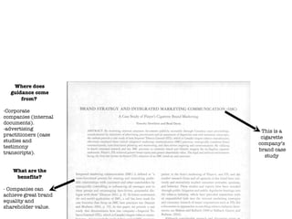 Often, many marketing professionals provide guidance for one another through scholarly case studies of brands This is a cigarette company’s brand case study Where does guidance come from?   -Corporate companies (internal documents). -advertising practitioners (case studies and testimony transcripts). What are the benefits? - Companies can achieve great brand equality and  shareholder value. 