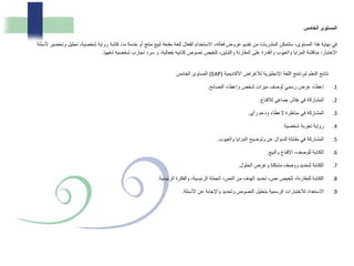 ‫مس‬ ‫الخ‬ ‫المستوى‬
‫شخص‬ ‫رواية‬ ‫كتابة‬ ،‫ما‬ ‫خدمة‬ ‫أو‬ ‫منتج‬ ‫لبيع‬ ‫مقنعة‬ ‫للغة‬ ‫الفعال‬ ‫االستخدام‬ ،‫فعاله‬ ‫عروض‬ ‫تقديم‬ ‫من‬ ‫المتدربات‬ ‫ستتمكن‬ ،‫المستوى‬ ‫هذا‬ ‫نهاية‬ ‫في‬،‫ية‬‫تحل‬‫ألسئلة‬ ‫وتحضير‬ ‫يل‬
‫شفهيا‬ ‫شخصيه‬ ‫تجارب‬ ‫سرد‬ ‫و‬ ،‫بفعالية‬ ‫كتابيه‬ ‫نصوص‬ ‫تلخيص‬ ،‫والتباين‬ ‫المقارنة‬ ‫على‬ ‫والقدرة‬ ‫والعيوب‬ ‫المزايا‬ ‫مناقشة‬ ،‫االختبار‬.
‫األكاديمية‬ ‫لألغراض‬ ‫اإلنجليزية‬ ‫اللغة‬ ‫لبرنامج‬ ‫التعلم‬ ‫نتائج‬(EAP)‫الخامس‬ ‫المستوى‬
.1‫النصائح‬ ‫وإعطاء‬ ‫شخص‬ ‫ميزات‬ ‫لوصف‬ ‫رسمي‬ ‫عرض‬ ‫إعطاء‬.
.2‫لإلقناع‬ ‫جماعي‬ ‫نقاش‬ ‫في‬ ‫المشاركة‬.
.3‫رأي‬ ‫ودعم‬ ‫إلعطاء‬ ‫مناظرة‬ ‫في‬ ‫المشاركة‬.
.4‫شخصية‬ ‫تجربة‬ ‫رواية‬.
.5‫والعيوب‬ ‫المزايا‬ ‫وتوضيح‬ ‫عن‬ ‫للسؤال‬ ‫مقابلة‬ ‫في‬ ‫المشاركة‬.
.6‫والبيع‬ ‫اإلقناع‬ ،‫للوصف‬ ‫الكتابة‬.
.7‫الحلول‬ ‫وعرض‬ ‫مشكلة‬ ‫ووصف‬ ‫لتحديد‬ ‫الكتابة‬.
.8‫الرئيسية‬ ‫والفكرة‬ ،‫الرئيسية‬ ‫الجملة‬ ،‫النص‬ ‫من‬ ‫الهدف‬ ‫تحديد‬ ،‫نص‬ ‫تلخيص‬ ،‫للمقارنة‬ ‫الكتابة‬.
.9‫األسئلة‬ ‫عن‬ ‫واإلجابة‬ ‫وتحديد‬ ‫النصوص‬ ‫بتحليل‬ ‫الرسمية‬ ‫لالختبارات‬ ‫االستعداد‬.
 