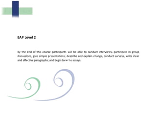 EAP Level 2
By the end of this course participants will be able to conduct interviews, participate in group
discussions, give simple presentations, describe and explain change, conduct surveys, write clear
and effective paragraphs, and begin to write essays.
 