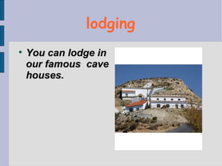 lodging

    You can lodge in
    our famous cave
    houses.
 