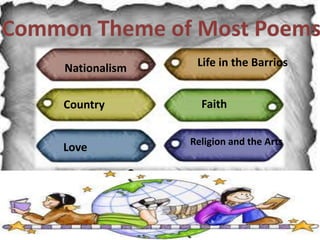 Nationalism
Country
Love
Life in the Barrios
Faith
Religion and the Arts
 