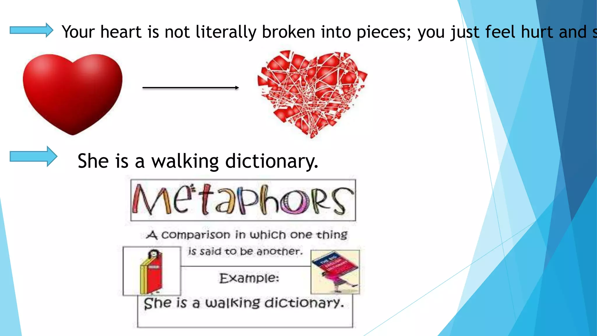 Your heart is not literally broken into pieces; you just feel hurt and sad. 
She is a walking dictionary. 
 