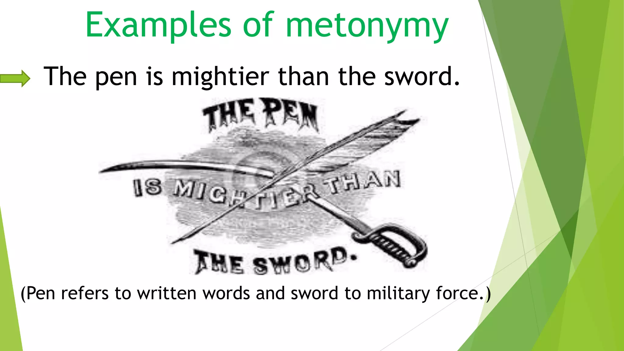 Examples of metonymy 
The pen is mightier than the sword. 
(Pen refers to written words and sword to military force.) 
 