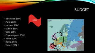 BUDGET
• Barcelona: 150€
• Paris: 200€
• London: 100€
• Dublin: 150€
• Oslo: 200€
• Copenhaguen: 150€
• Viena: 100€
• Rome: 150€
• Total: 1200€ !!
1200€
 