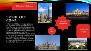 Austrian
Parliament
SEVENTH CITY:
VIENNA
I will arrive at 8:00 p.m. I'm going to stay
two days here and I'm going to stay in a
hotel. The first day I'm going to visit in the
morning the St Stephen's Cathedral and the
City Hall. In the afternoon I'm going to visit
the Austrian Parliament and the
Schönbrunn Palace. The next day I'm going
to visit in the morning the Vienna City Park
and the Schönbrunn gardens. In the
afternoon I'm going to visit the University
of Vienna until 6:00 p.m. Then I'm going to
take a flight to the next city.
St Stephen's Cathedral
City
Hall
Schönbrunn
Palace
 