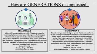 MILLENNIALS
Millennials have always known cable TV, pagers, answering
machines, laptop computers, and video games. Technological
advancements in real-time media and communication have
driven their expectation for immediacy. They are the generation
that bridges the gap of growing up in a world before and after the
Internet. They were hit hard by the Great Recession, hurting the
long-term outlook of their finances.
Born: 1977-1994
Coming of Age: 1998-2006
Current Population: 71 million
How are GENERATIONS distinguished
GENERATION Z
This is the first generation that grew up with the Internet as a fact of
life, not knowing a world without immediate access to information, or
mobile phones. Generation Z was expected to do well financially,
coming of age in a strong economy. The economic crisis of 2020
upended that stability and what comes next is still to be determined.
This generation is racially and ethnically diverse and is similar to
millennials in terms of its social and policy beliefs and is progressive.
Born: 1995-2012
Coming of Age: 2013-2020
Current Population: 23 million and growing rapidly
 