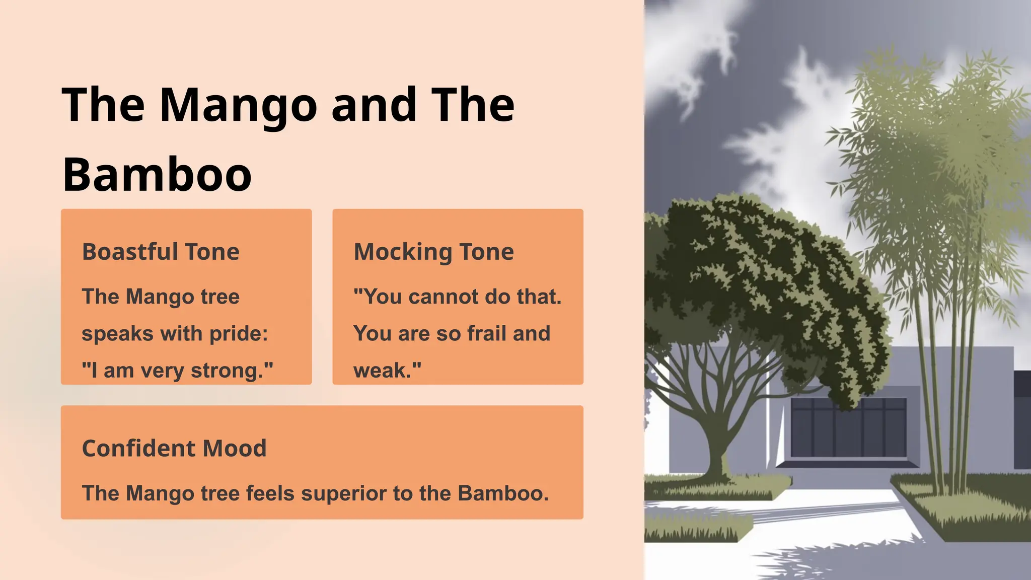 The Mango and The
Bamboo
Boastful Tone
The Mango tree
speaks with pride:
"I am very strong."
Mocking Tone
"You cannot do that.
You are so frail and
weak."
Confident Mood
The Mango tree feels superior to the Bamboo.
 