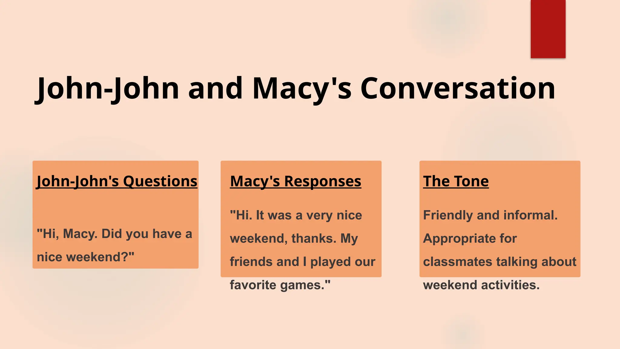 John-John and Macy's Conversation
John-John's Questions
"Hi, Macy. Did you have a
nice weekend?"
Macy's Responses
"Hi. It was a very nice
weekend, thanks. My
friends and I played our
favorite games."
The Tone
Friendly and informal.
Appropriate for
classmates talking about
weekend activities.
 