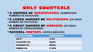 ONLY COUNTABLE
A NUMBER OF BUSINESSMEN (NUMEROSOS
HOMBRES DE NEGOCIOS)
A LARGE NUMBER OF POLITICIANS (UN GRAN
NÚMERO DE POLÍTICOS)
A GREAT NUMBER OF WORKERS (UN GRAN
NÚMERO DE TRABAJADORES
SEVERAL DOCTORS (VARIOS MÉDICOS)
QUANTIFIERS COUNTABLE
UN/A A/AN
ALGUNOS/AS SOME
MUCHOS/AS MANY
POCOS/AS A FEW
 