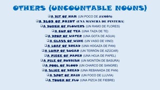 OTHERS (UNCOUNTABLE NOUNS)
A BIT OF HAM (UN POCO DE JAMÓN)
A BLOB OF PAINT (UNA MANCHA DE PINTURA)
A BUNCH OF FLOWERS (UN RAMO DE FLORES)
A CUP OF TEA (UNA TAZA DE TE)
A DROP OF WATER (UNA GOTA DE AGUA)
A GLASS OF WINE (UN VASO DE VINO)
A LOAF OF BREAD (UNA HOGAZA DE PAN)
A LUMP OF SUGAR (UN TERRÓN DE AZÚCAR)
A PIECE OF PAPER (UNA HOJA DE PAPEL)
A PILE OF RUBBISH (UN MONTÓN DE BASURA)
A POOL OF BLOOD (UN CHARCO DE SANGRE)
A SLICE OF BREAD (UNA REBANADA DE PAN)
A SPOT OF RAIN (UN FOCO DE LLUVIA)
A TOUCH OF FLU (UNA PIZCA DE FIEBRE)
 