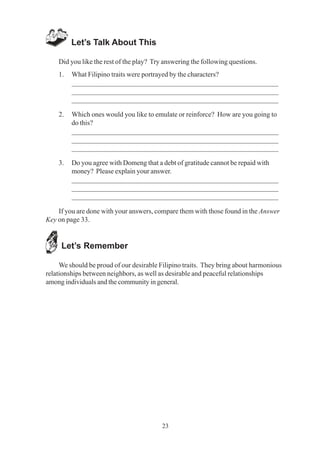 23
Let’s Talk About This
Did you like the rest of the play? Try answering the following questions.
1. What Filipino traits were portrayed by the characters?
_________________________________________________________
_________________________________________________________
_________________________________________________________
2. Which ones would you like to emulate or reinforce? How are you going to
do this?
_________________________________________________________
_________________________________________________________
_________________________________________________________
3. Do you agree with Domeng that a debt of gratitude cannot be repaid with
money? Please explain your answer.
_________________________________________________________
_________________________________________________________
_________________________________________________________
If you are done with your answers, compare them with those found in the Answer
Key on page 33.
Let’s Remember
We should be proud of our desirable Filipino traits. They bring about harmonious
relationships between neighbors, as well as desirable and peaceful relationships
among individuals and the community in general.
 